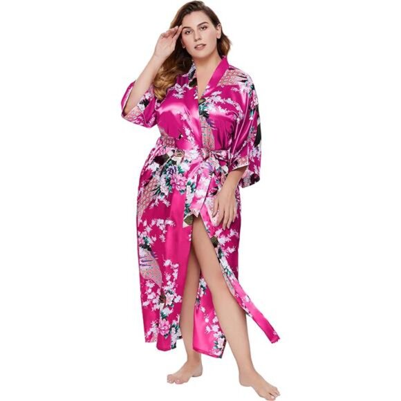 Women's Satin Kimono Robe – Long Nightgown with Peacock and Blossom Print - Picture 4 of 7